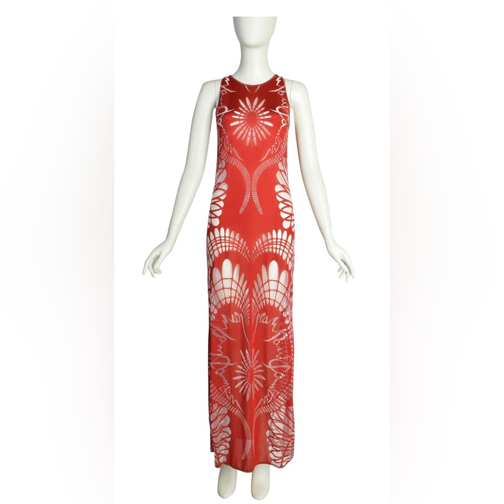 Jean Paul Gaultier Vintage SS 2001 Red Art Nouveau Sheer Cutout Tank Maxi Dress